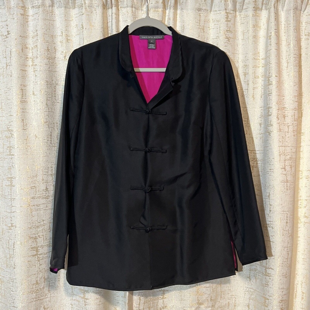 Excellent Saks Fifth Avenue Silk Jacket Womens Small Black Fuchsia Frog Closure